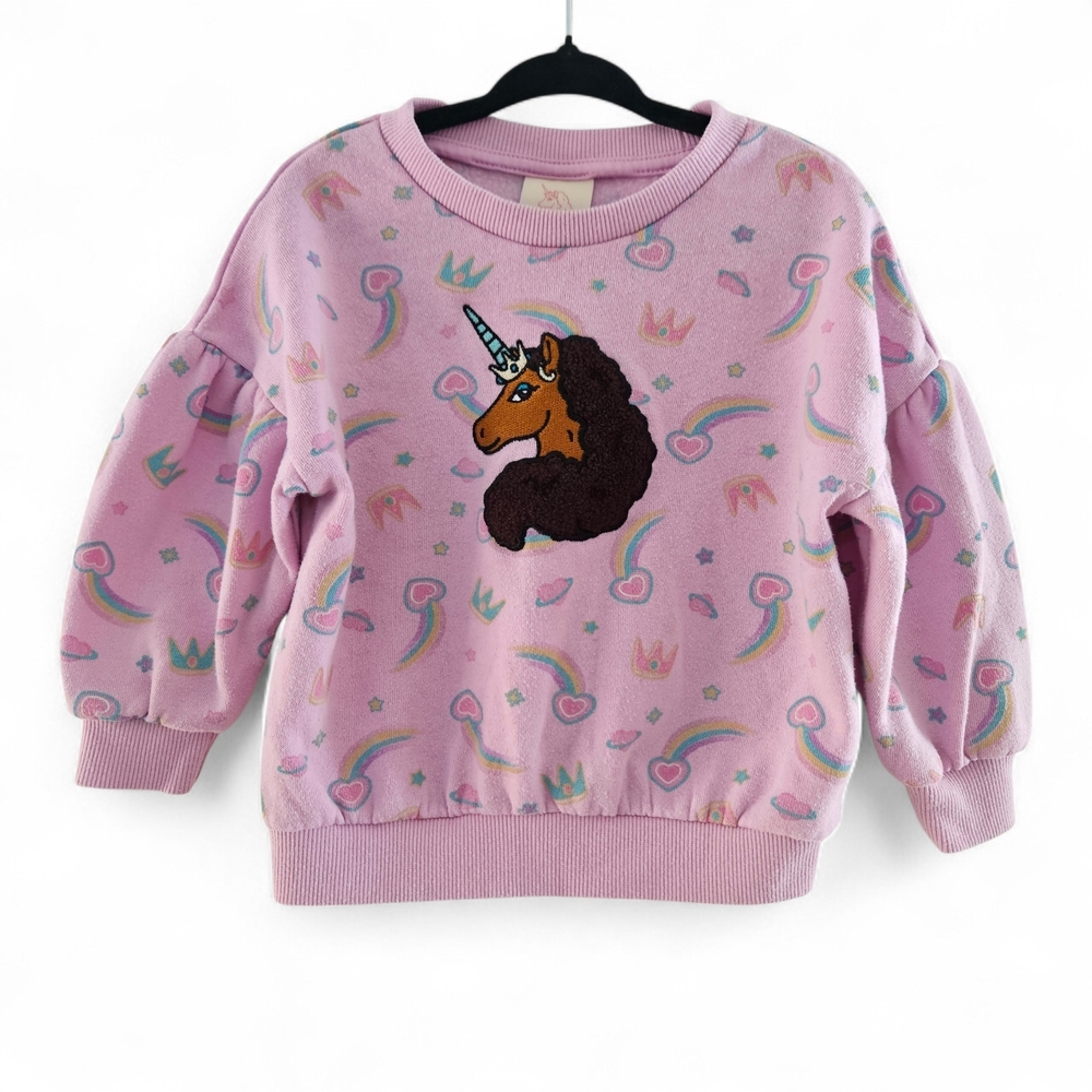 5/$25 Afro Unicorn Toddler Girl Fleece Sweatshirt Pink Rainbow Crown Print